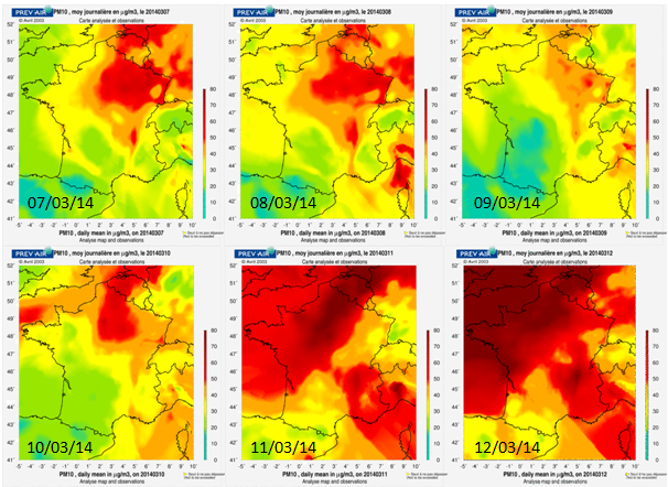 Evolution des concentrations moyennes journalières de PM10 du 7 au 12 mars 2014